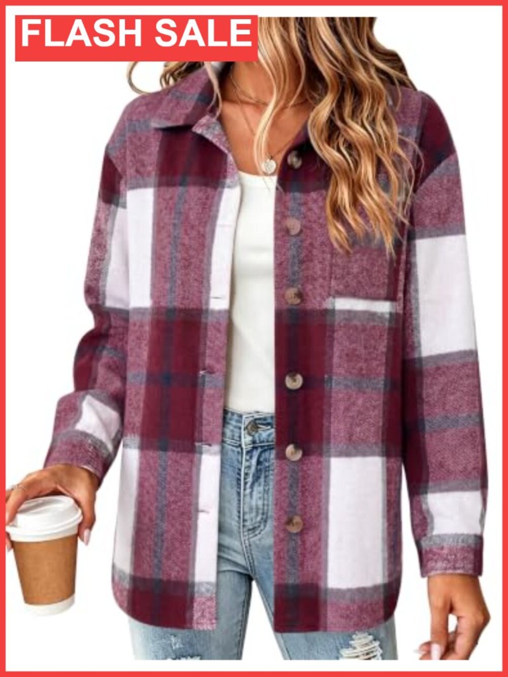 Flannel Shacket Jacket Plaid Button Down Long Sleeve Shirt
